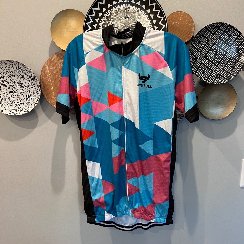Nine Bull Mens Cycling Jersey Blue Pink Geometric Full Zip Short Sleeve Mesh L